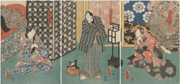 The actors Iwai Kumesaburō III, Ichikawa Ebizō V and Ichikawa Danjūrō VIII (in a scene from Koi goromo Karigane zome)